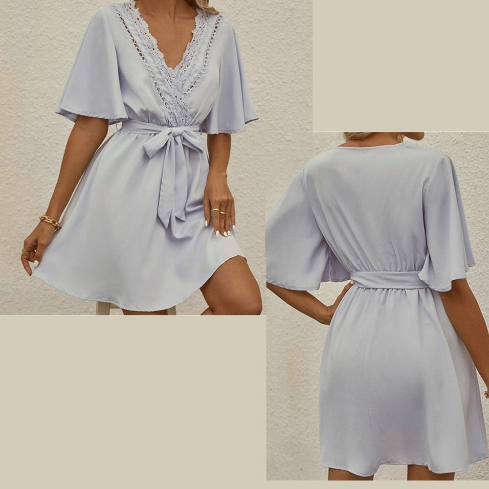 Anna- Kaci California Dress Medium Lace V-Neck Tie Belt Blue Lightweight